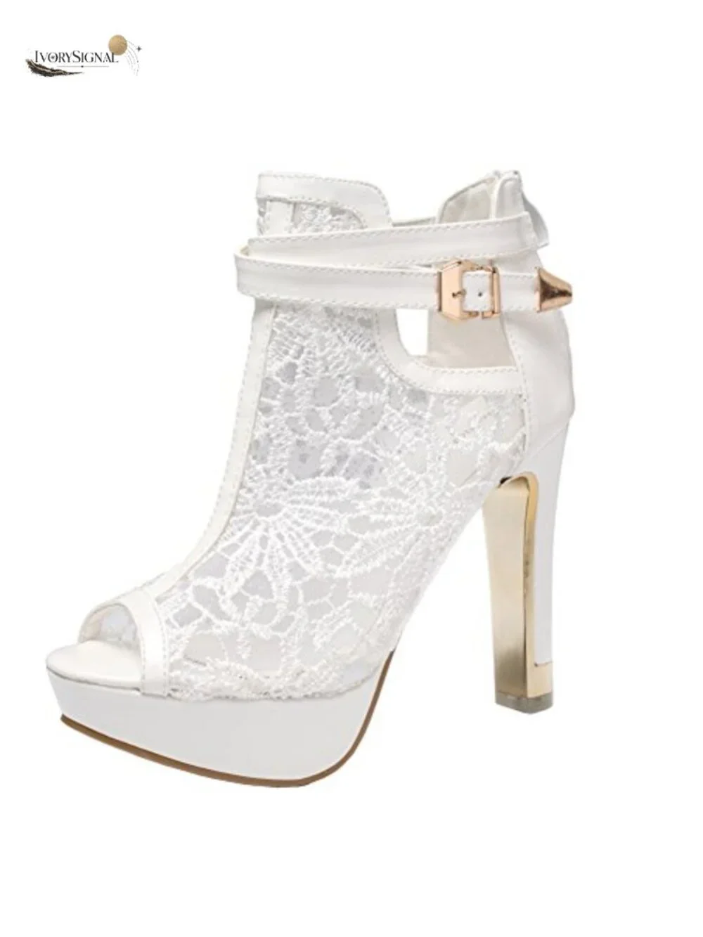 Lace Flower Embroidered Ankle Boots with Buckle High Heel Open Toe